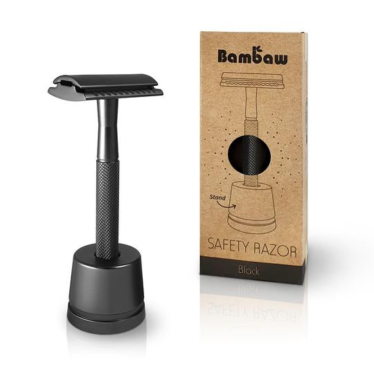 Rasoir de sureté en métal - noir avec socle